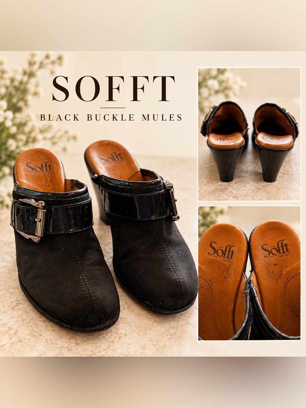 Sofft Black Suede Leather Buckle Mule Clogs Size 8M